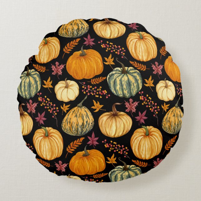 Watercolor Pumpkins: Autumn Seamless Pattern. Round Pillow (Front)