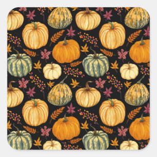 Watercolor Pumpkins: Autumn Seamless Pattern. Square Sticker