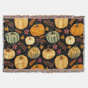 Watercolor Pumpkins: Autumn Seamless Pattern. Throw Blanket