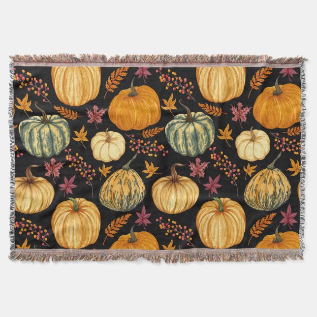 Watercolor Pumpkins: Autumn Seamless Pattern. Throw Blanket (Front)