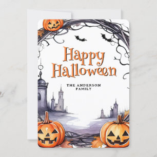 Watercolor Pumpkins Bats Happy Halloween Holiday Card