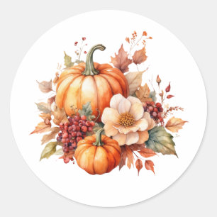 Watercolor Pumpkins, Berries and Flowers Classic Round Sticker