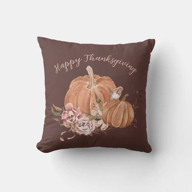 Watercolor Pumpkins Fall Botanical Custom Text Throw Pillow (Front)