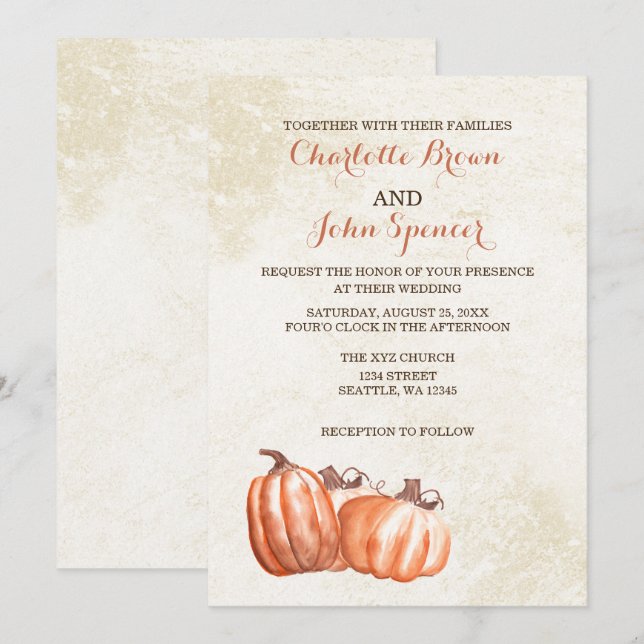 watercolor pumpkins fall harvest wedding invitation (Front/Back)