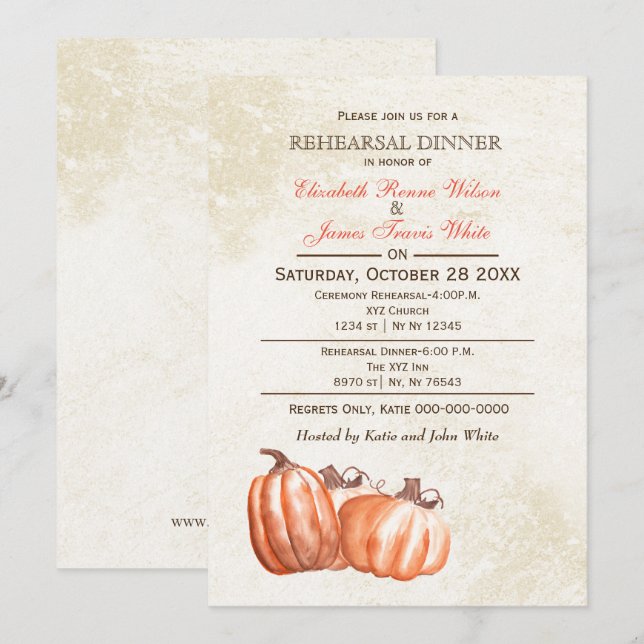 Watercolor pumpkins Fall rehearsal dinner invite (Front/Back)