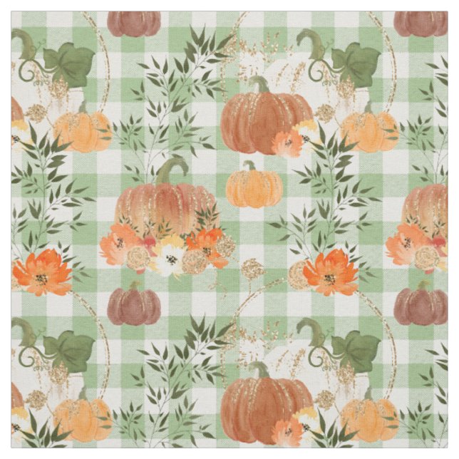 Watercolor Pumpkins on Green Gingham Fabric (Swatch)