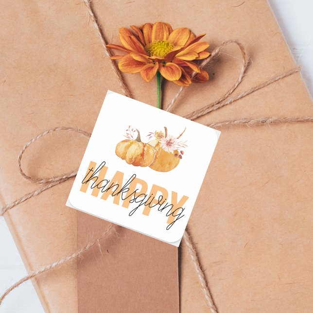 Watercolor Pumpkins & Orange Happy Thanksgiving  Square Sticker (Creator Uploaded)