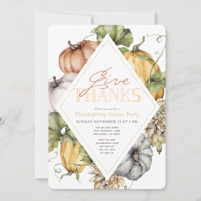Watercolor Pumpkins Rhombus Thanksgiving Invitation (Front)