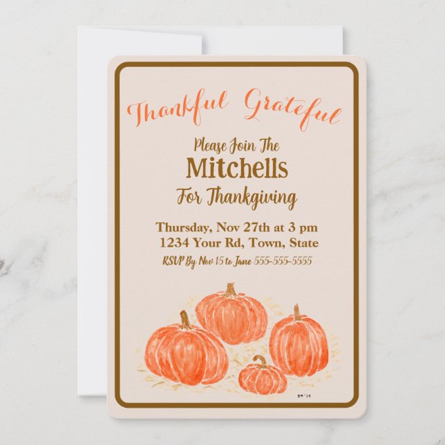 Watercolor Pumpkins Thankful Grateful  Invitation (Front)