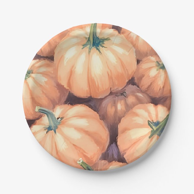 Watercolor Pumpkins Thanksgiving Halloween Paper Plate (Front)
