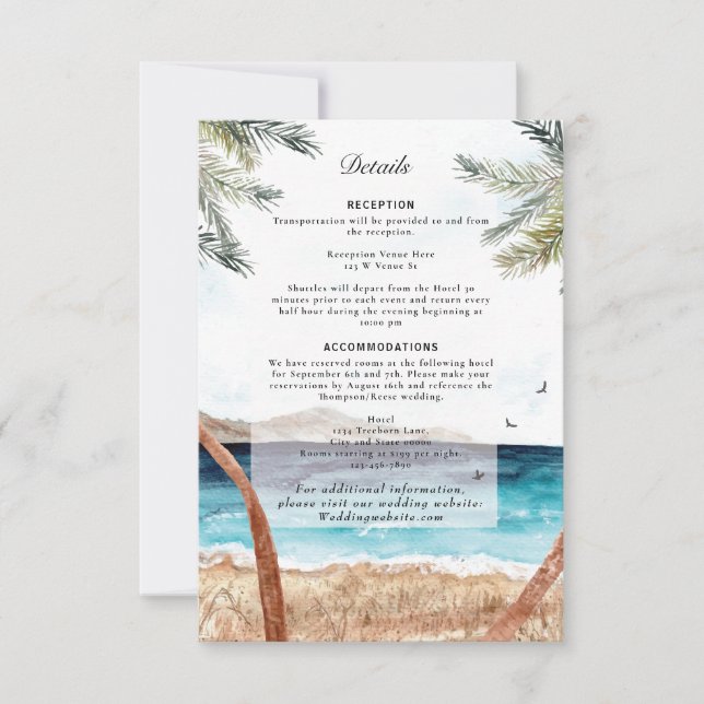 Watercolor Punta Cana Tropical Beach Details Invitation (Front)