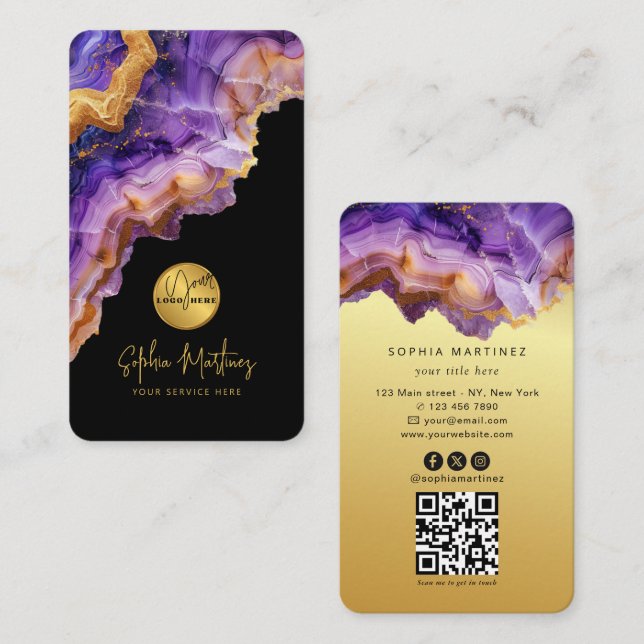 Watercolor Purple Agate gold glitter & QRCode Logo Business Card (Front/Back)