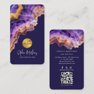 Watercolor Purple Agate gold glitter & QRCode Logo Business Card