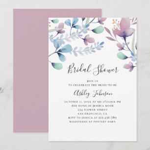 Watercolor purple and blue floral bridal shower invitation