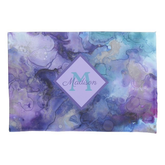 Watercolor Purple and Blue Marbled Monogrammed Pillowcase (Front)