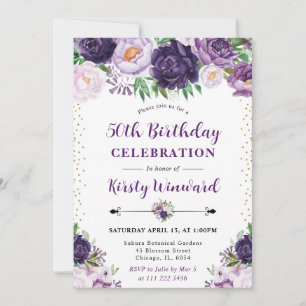 Watercolor Purple and Cream Flowers 50th Birthday Invitation