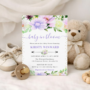 Watercolor Purple and Cream Flowers Baby Shower Invitation
