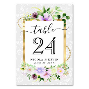 Watercolor Purple and Cream Flowers Wedding Table Number