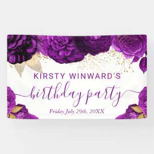 Watercolor Purple and Gold Flowers Birthday Banner