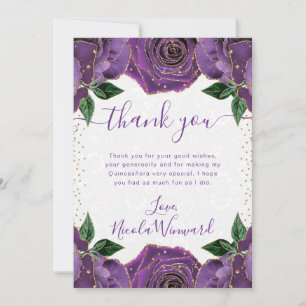 Watercolor Purple and Gold Flowers Quinceanera Thank You Card