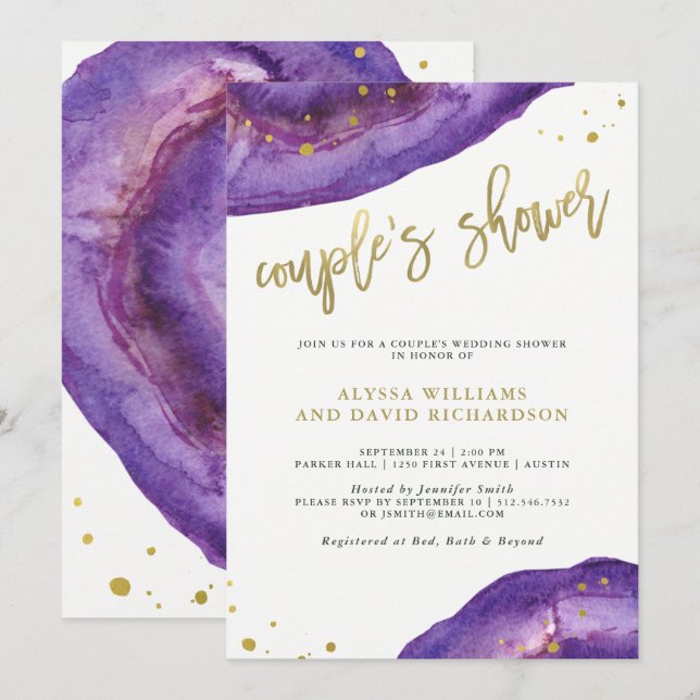 Watercolor Purple and Gold Geode Couples Shower Invitation (Front/Back)