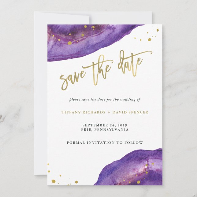 Watercolor Purple and Gold Geode Save the Date (Front)