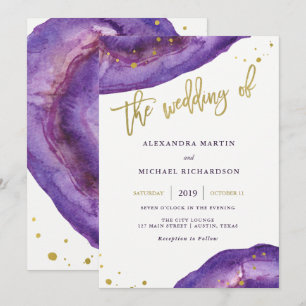 Watercolor Purple and Gold Geode Wedding Invitation