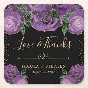 Watercolor Purple and Gold Glam Roses Wedding Square Paper Coaster