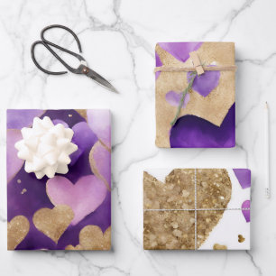 Watercolor Purple and Gold Ink Valentines Hearts Wrapping Paper Sheet