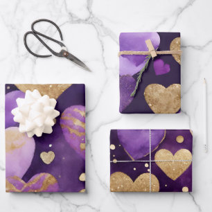 Watercolor Purple and Gold Ink Valentines Hearts Wrapping Paper Sheet