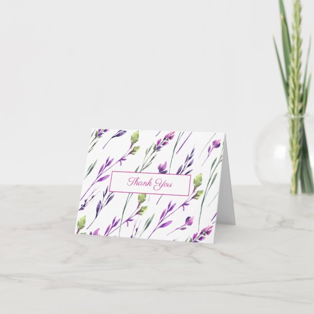 Watercolor Purple and Green Flowers Thank You Card (Front)