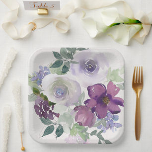 Watercolor Purple and Lavender Flowers Paper Plate
