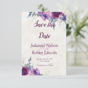 Watercolor purple and mauve floral save the date invitation