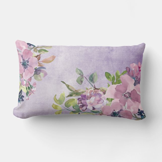 Watercolor Purple and Mauve Flowers Lumbar Pillow (Front)
