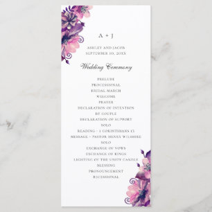 Watercolor purple and pink flowers. Floral wedding Program