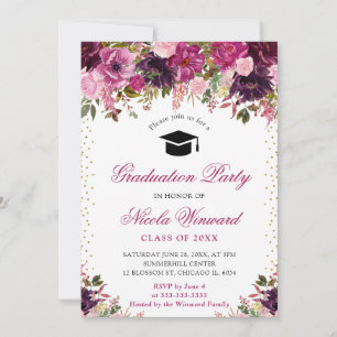 Watercolor Purple and Pink Flowers Graduation Invitation