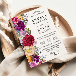Watercolor Purple and Red Flowers Wedding Invitation