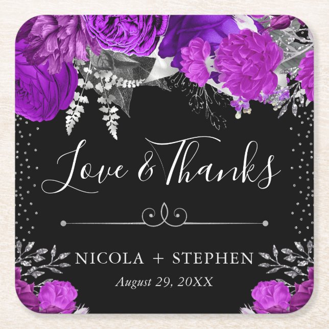 Watercolor Purple and Silver Flowers Wedding Square Paper Coaster (Front)