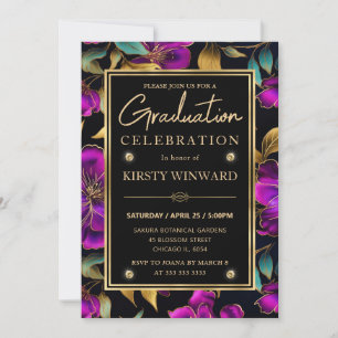 Watercolor Purple and Teal Flowers Graduation Invitation