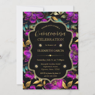 Watercolor Purple and Teal Flowers Quinceanera Invitation