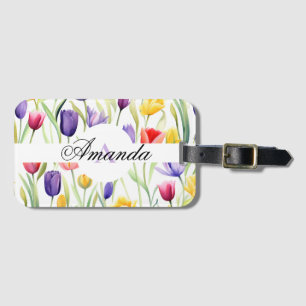 Watercolor Purple and White Monogram Tulip Pattern Luggage Tag