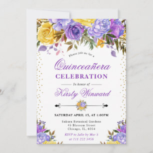 Watercolor Purple and Yellow Flowers Quinceanera Invitation