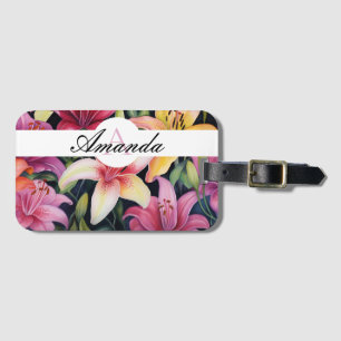 Watercolor Purple and Yellow Lily Pattern Monogram Luggage Tag