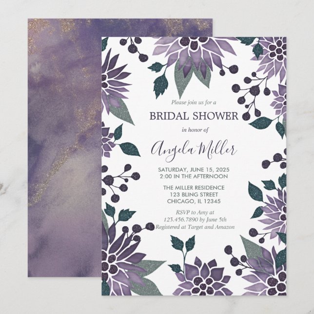 Watercolor Purple Bling Floral Frame Bridal Shower Invitation (Front/Back)