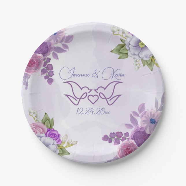 Watercolor Purple Blooms Florals Wedding Plate (Front)