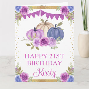 Watercolor Purple Blue Floral Pumpkins Birthday Card