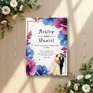 Watercolor Purple Blue Flowers Elegant Wedding Invitation