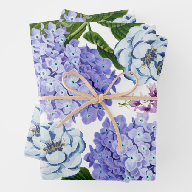 Watercolor Purple, Blue, Pink Garden Flowers  Wrapping Paper Sheet (In situ)