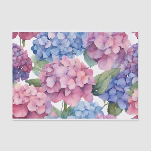 Watercolor Purple, Blue, Pink Hydrangea Flowers  Tissue Paper (Front)