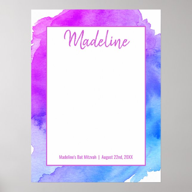 Watercolor Purple Blue Star BAT MITZVAH Sign in (Front)